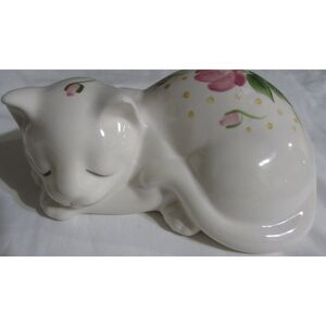 Vintage Lasting Co Products hand painted sleeping kitty cat white pink roses
